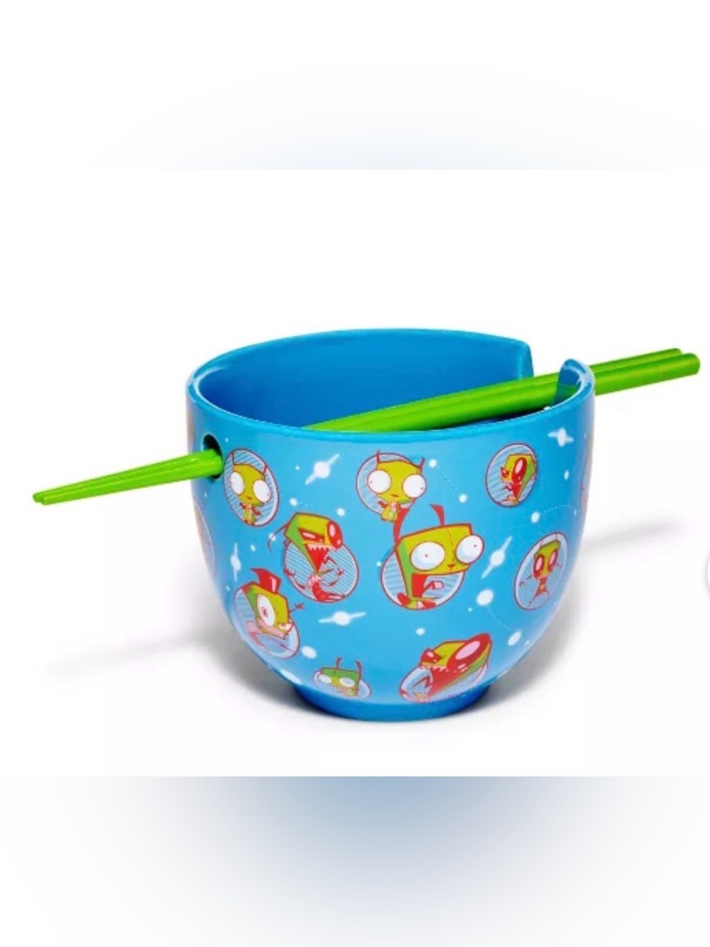 Invader Zim Bright Blue Ramen Bowl with Green Chopsticks- New